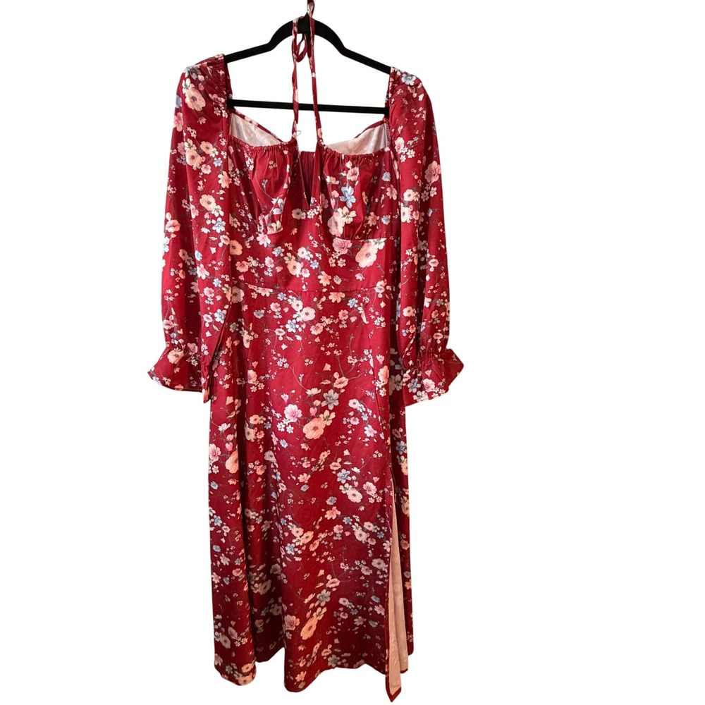 Red Floral Long Sleeve Midi Dress Sweetheart Halter Neck Side Slit M Cottagecore